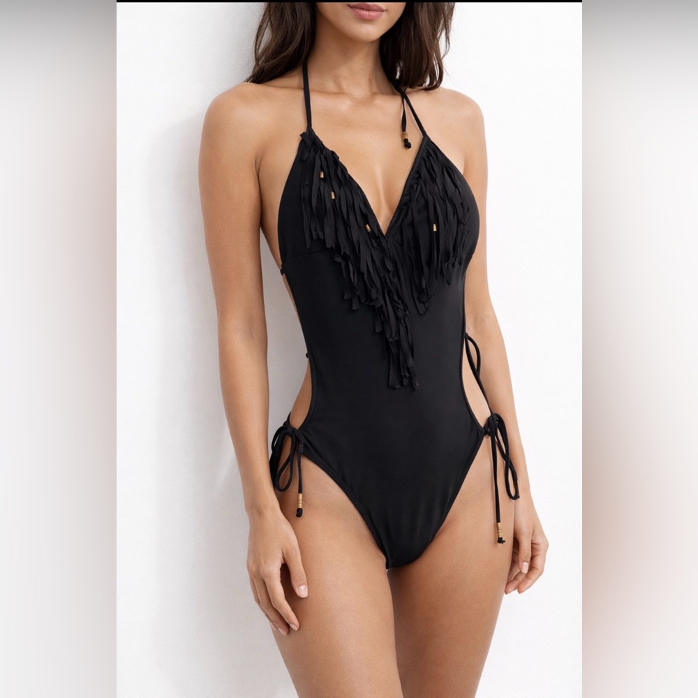 Black Fringe One-Piece Swimsuit